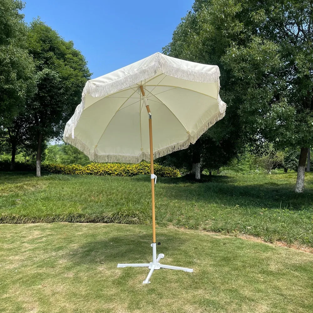 Outdoor Beach Fringe Umbrella with Base Vintage Bohemian Sun Protection Parasol Patio Garden Pool Beach Button Tilt Sunshades beach umbrella