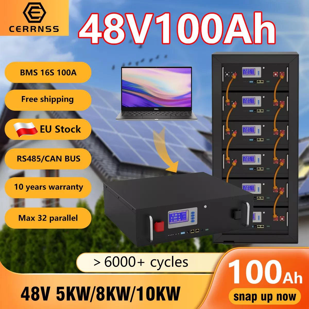 

LiFePO4 48V 100AH Battery Pack 51.2V 5KW Lithium Battery 6000+ Cycles RS485 CAN 16S 100A BMS Max 32 Parallel For Solar Inverter