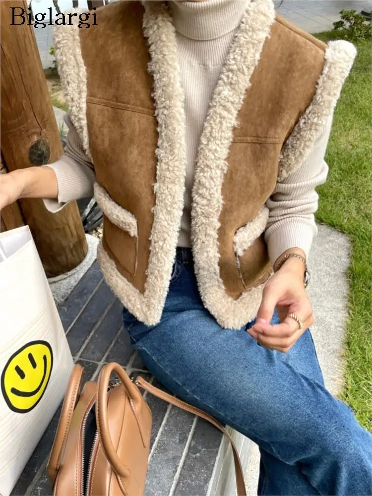 

Autumn Winter Teddy Patchwork Vests Women Sleeveless Modis Korea Style Ladies Cropped Vests V-Neck Casual Woman Vests Coats 2023