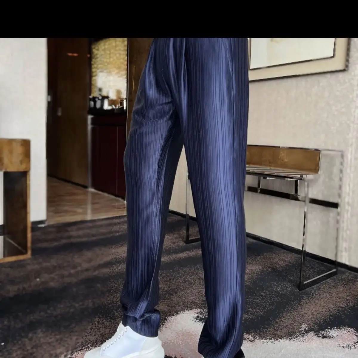 2024 New Summer Men Chinese Style Striped Fashion Multicolor Satin Texture Cool Sensation Breathable Loose Wide Legs Pants