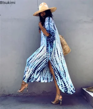 2026 Summer Bohemian Striped Print Women Beach Dress Bathing Suit Cover Up Summer Tunic for Woman Beachwear Robe De Plage Kaftan