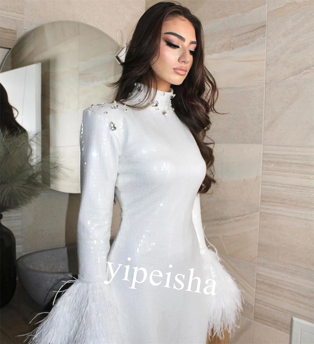 Jersey Appliques Feather Christmas Column High Collar Bespoke Occasion Gown  Mini Dresses