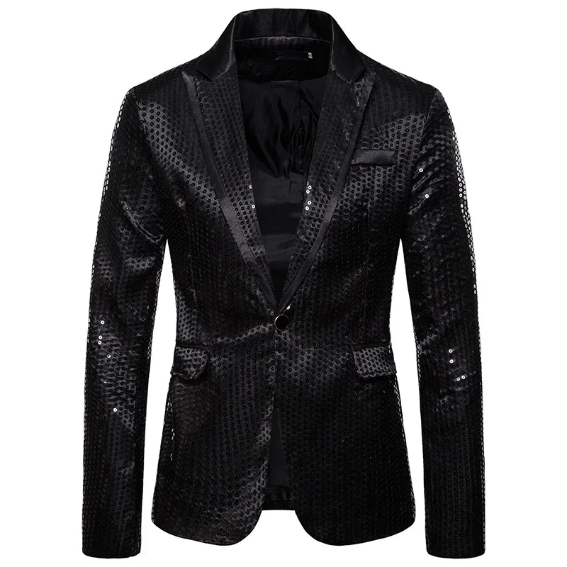 

New Fashion Black Sequin Mens Shiny Suit Jacket One Button Blazer For Male Nightclub Singers Stage Dress Blazers Chaqueta Hombre