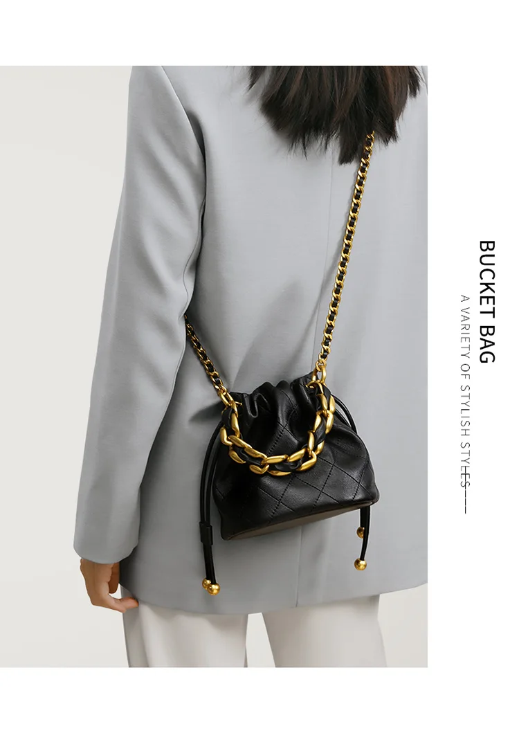 S233652dc99224d1ca0c90caeb25d746aG Genuine Leather Quilted Drawstring Bucket Bag for Women with Chain Strap Crossbody Handbag for Daily Use and Commuting Mallzona