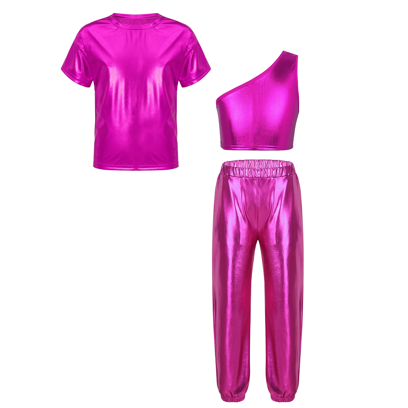 TiaoBug Kids Girls 6 to 16 Years Sequins Crop Vest with Short Sleeve T-shirt and Pants for Jazz Dance Cheerleading Performance