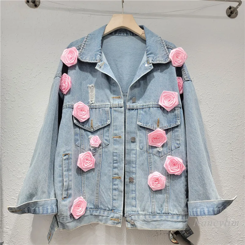 2024 Spring New Denim Clothing Long Sleeve Three-Dimensional Plate Flower Decoration Denim Coat Loose Street Jacket