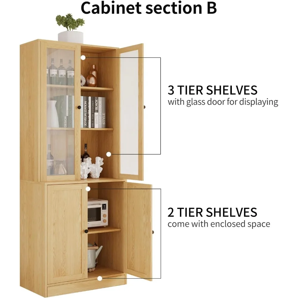 Kitchen cupboard, 3-Tier Modern Bookshelf with 3 Large Drawer,Wood Cabinet with Open Shelf,Glass Doors and Fixed Storage Shelves