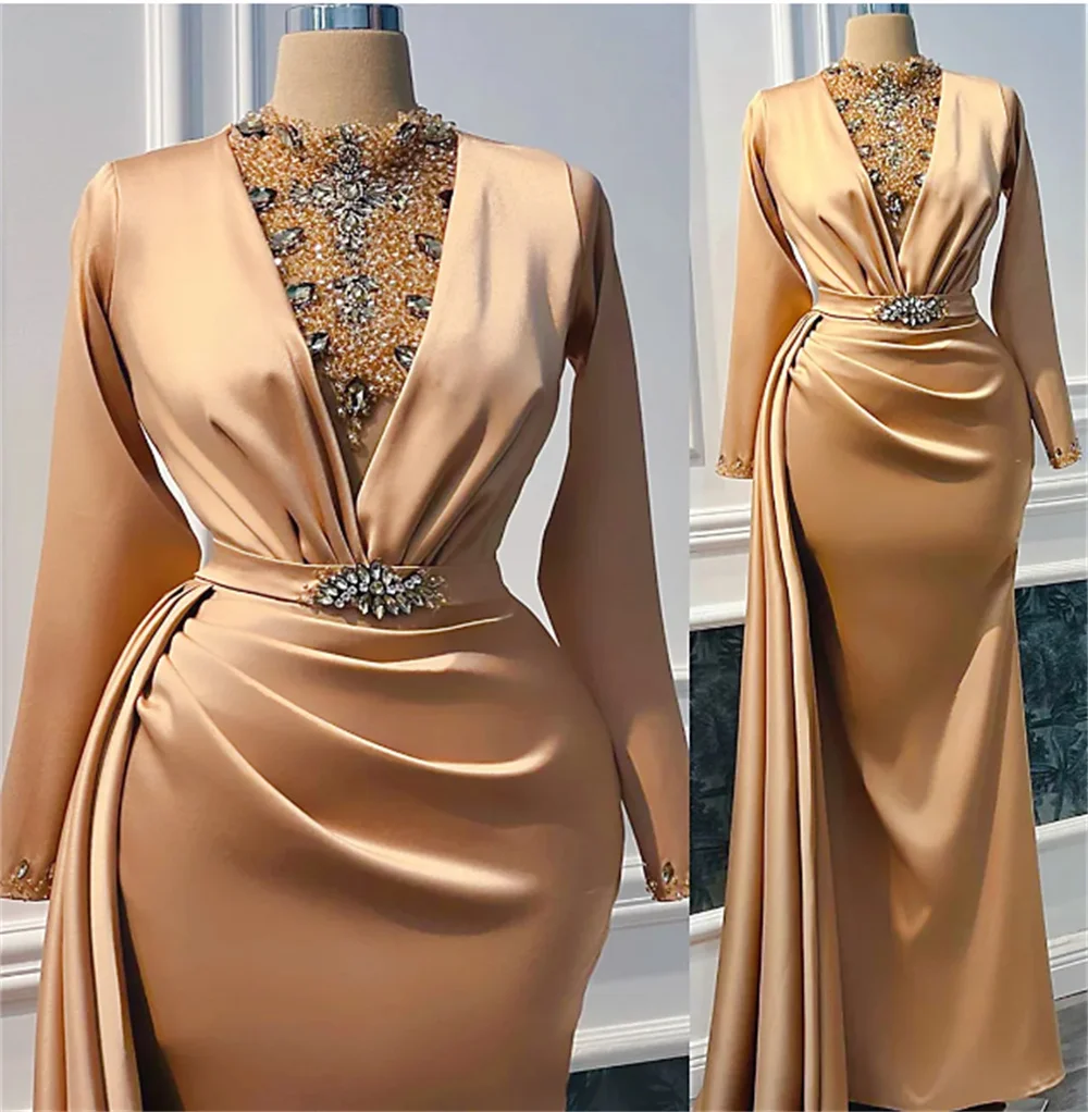 

Amazing Arabic Luxurious Mermaid Champagne Custom Plus Size Prom Dresses Beaded Crystals Evening Party Dress Vestidos De Fiesta