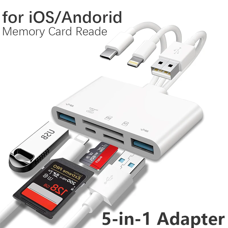 SD Card Reader 5 In 1 USB HUB For iPhone iPad MacBook USB 3.0 Type C to SD TF Card Memory Reader Flash Drive OTG Adapter