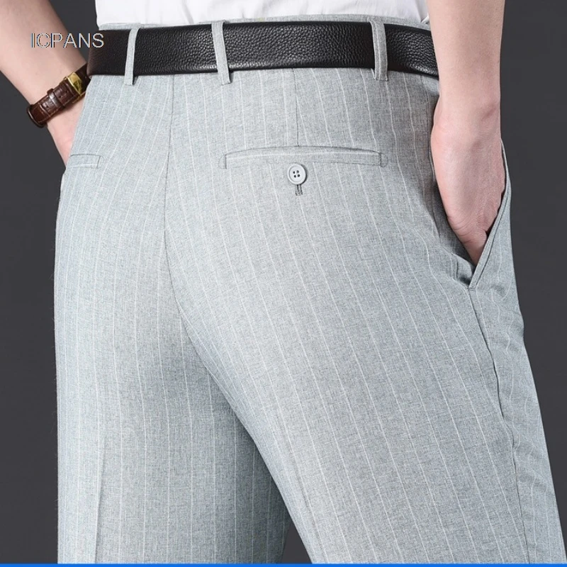 Flat Stretch Suit Pants For Men Striped Thin Summer Straight High Waist Black White Blue Formal Fashion Korea Dress Trousers