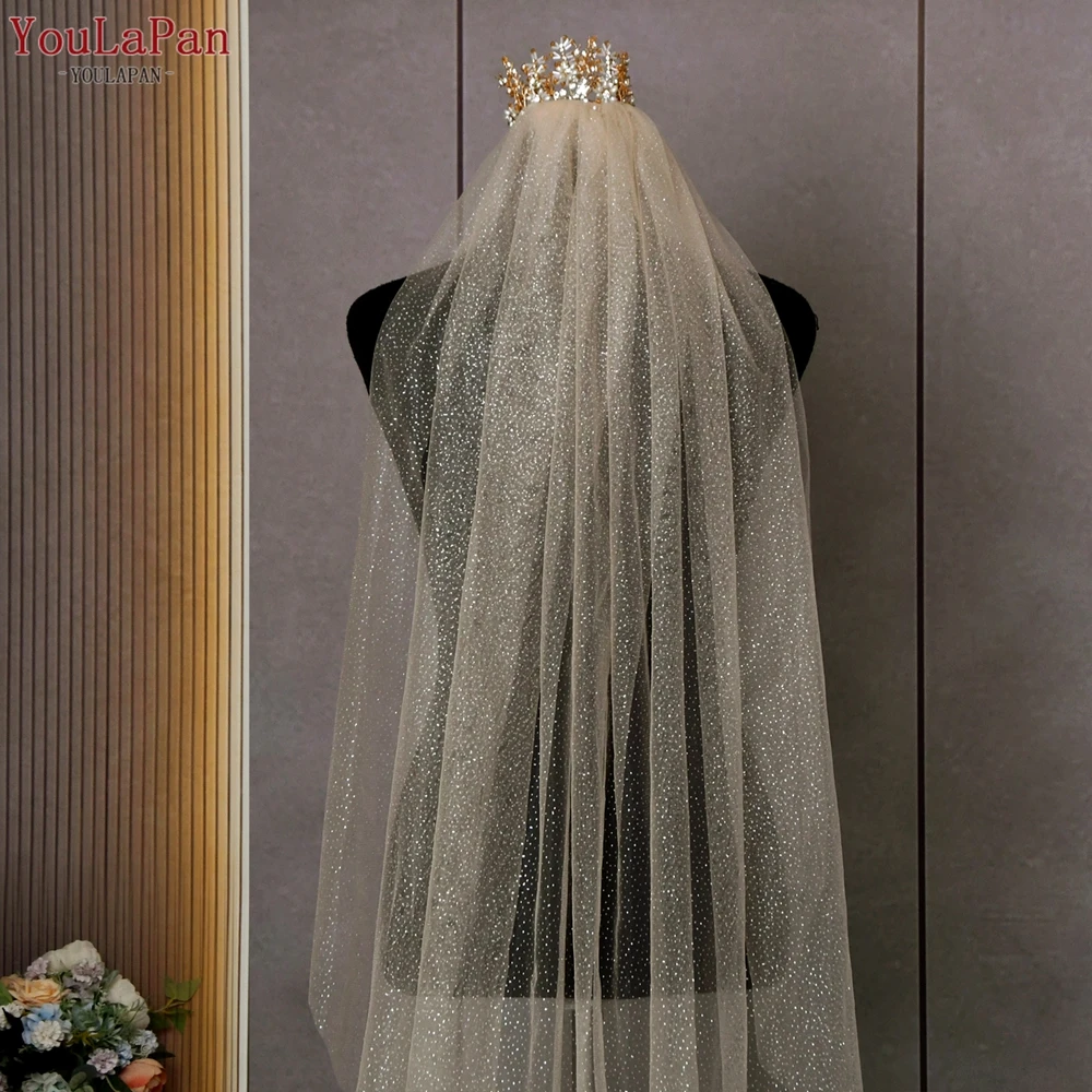 

YouLaPan V101 White Champagne Wedding Veil Glitter Bridal Veils Cathedral Wedding Accessories Sparking Soft Tulle with Comb