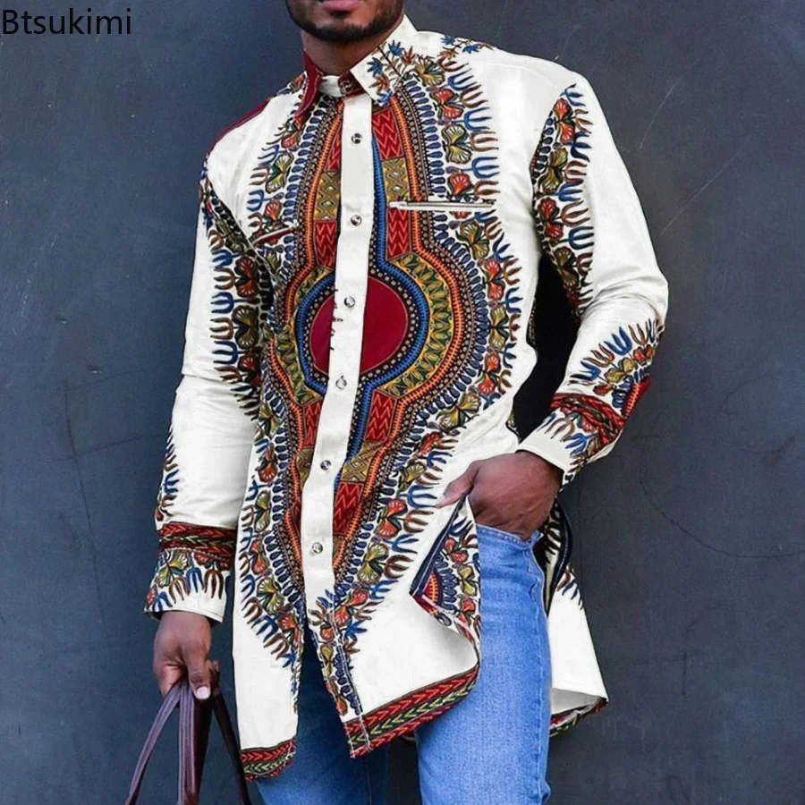 Mens Dress Shirt African Men's Clothing Ethnic Print Plus Size Tops Long Sleeve Shirts Traditional Casual