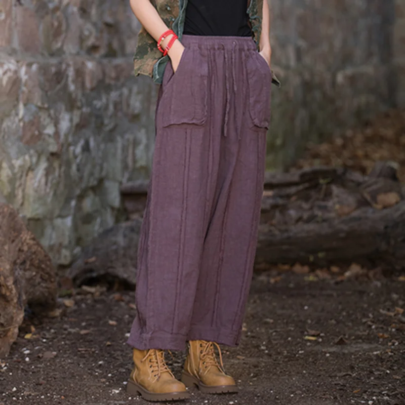 Elegant Women's Cotton Linen Baggy Cargo Pants Vintage Elastic Waist Yoga Trousers Loose Casual Long Wide Leg Oversize Clothes