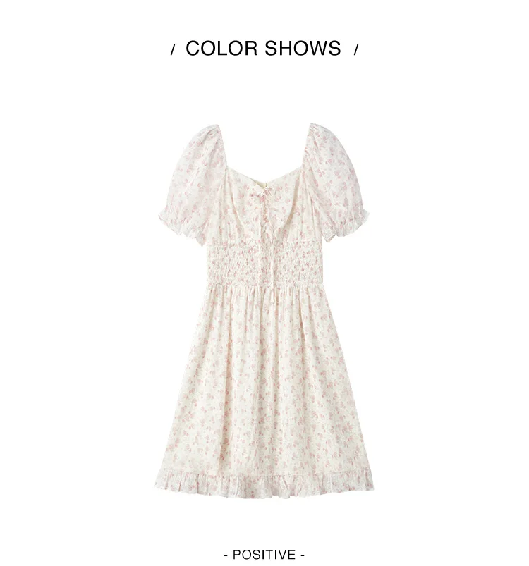 Ruffled Hem Chiffon Mini Skirt Women Floral Print Short Dress New Square Neck Waist-drawing Romantic Dress
