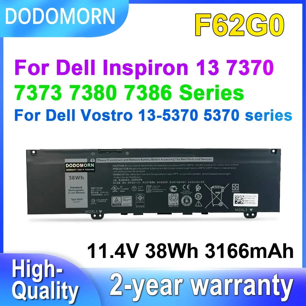 Dodomorn F62g0 para Dell Inspiron 13 7370 7373 7380 7386 Vostro 13 5370 P83g P87g Bateria do Portátil Rpjc3 39dy5 11.4v 38wh 3166mah