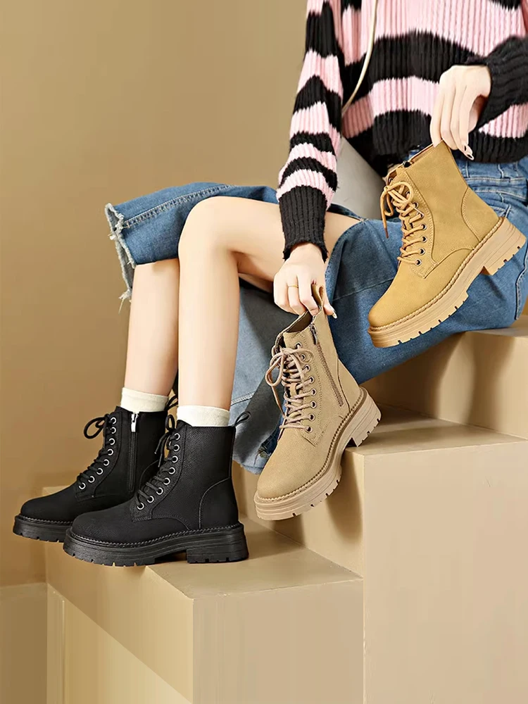 

Shoes Women's Rubber Boots Lace Up Round Toe Clogs Platform Rock Rain Ladies Ankle Elegant Med Leather Hoof Heels Casual Microfi