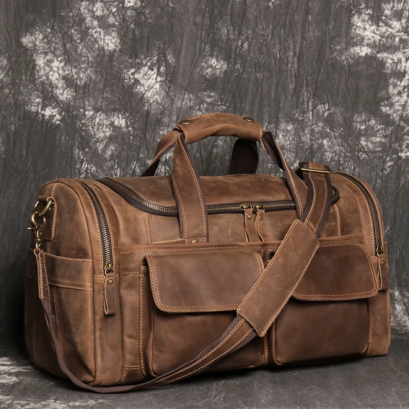 Retro Brown Men's Hand Luggage Bag Crazy Horse Leather Large Capacity Travel Bag Business Weekend One Shoulder Messenger Bag 3