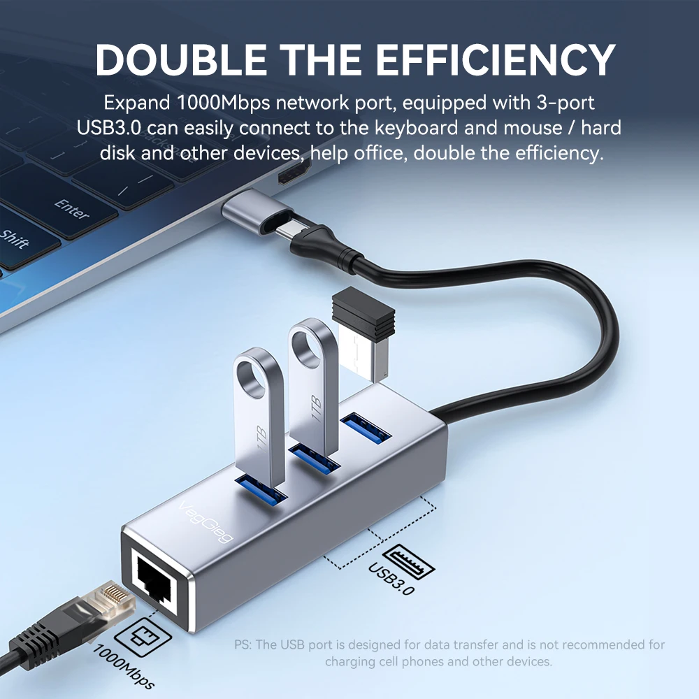 VegGieg USB C/USB 3.0-기가비트 이더넷 어댑터 1000Mbps RJ45 LAN(노트북 PC용 3포트 USB 허브 포함)