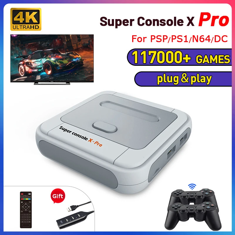 

Retro WiFi Super Console X Pro 4K HD TV Video Game Consoles For PS1/PSP/N64/DC With 117000+ Games With 2.4G Wireless Controllers