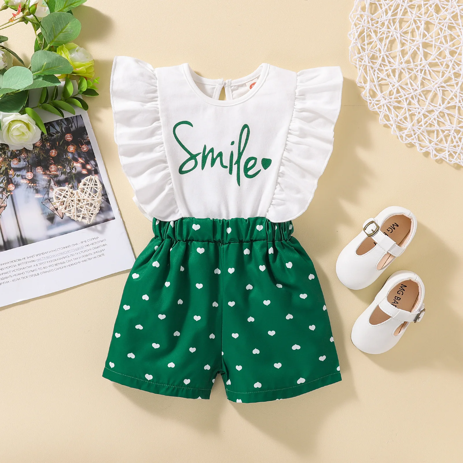 New Summer Baby Girls Clothing romper Ruffle Sleeves Letter Print splicing Love Black Shorts Infant  Clothes bodysuit baby dress and set Baby Clothing Set