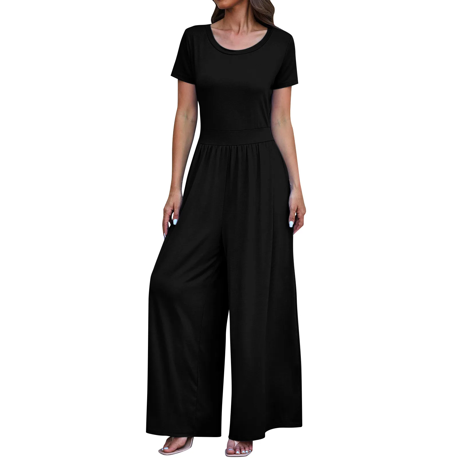 

Jumpsuits For Women Causal Wide Leg Baggy Jumpsuit Solid Short Sleeves Tops Jumpsuit Comfy Stretchy Daily All-Match Jumpsuit