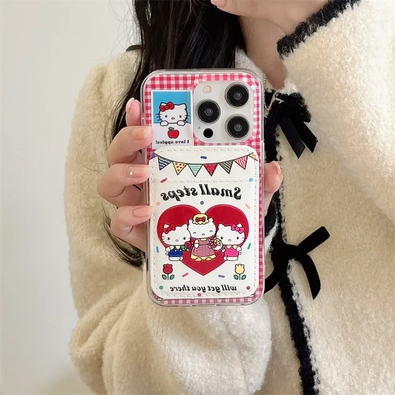 

Iphone15 Sanrio Kawaii HelloKitty Card Bag Cell Phone Case Anime Cartoon Anti Collision Accessories Girl Birthday Festival Gift