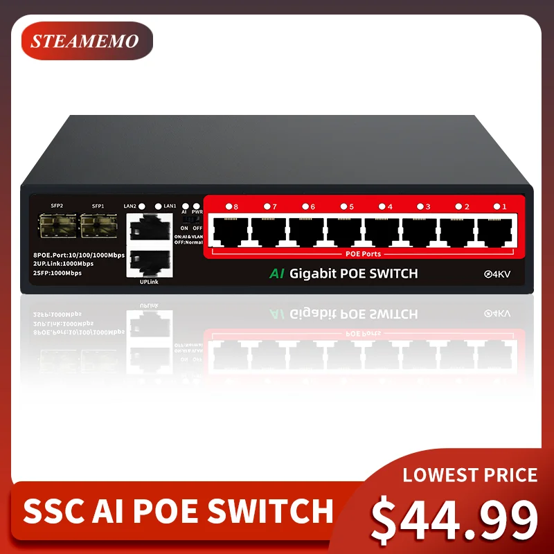 Steamemo-switch Gigabit Ethernet Portas 48v Potência Integrada 120w Rede para Câmera ip ap sem Fio
