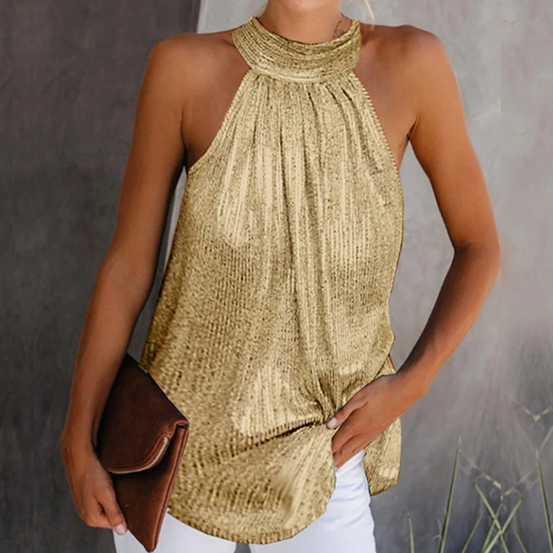 

Womens Fashion Shiny Halter Neck Tank Tops Vest Ladies Summer Casual Solid Color Sleeveless T Shirt Blouse Black Gold Silver