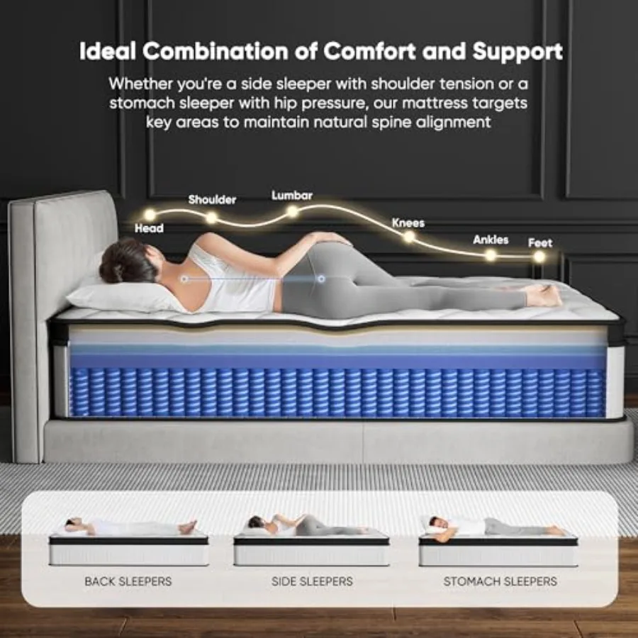 12 Inch King Size Mattress 2025 Upgraded Hybrid Cooling Gel Memory Foam Pocket Coils Medium Firm Mattress in a Box for Back Nec