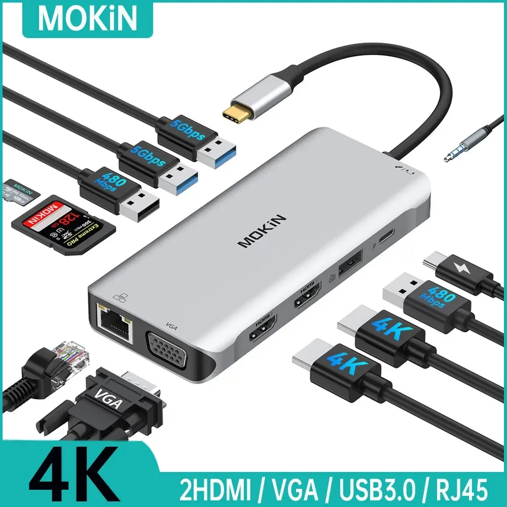 

Док-станция MOKiN USB Type C на два HDMI, адаптер PD100W для Macbook Air Pro M1 M2, ПК, USB 3,0, RJ45, VGA, SD, TF карт, аксессуары