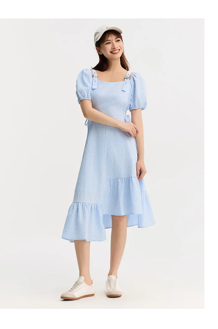 Vestido de mujer con cintura atada, texturizado, elegante y suave, de verano, irregular, con dobladillo con volantes, falda corta con estampado de campanillas, divertido