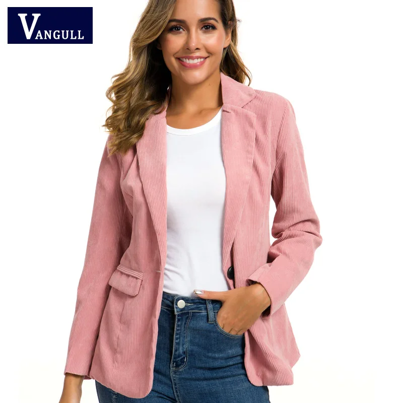 

Vangull Spring Fashion Solid New Slim Corduroy Women Blazers Long Sleeve Turn-down Collar One Button Pocket Female Outwear