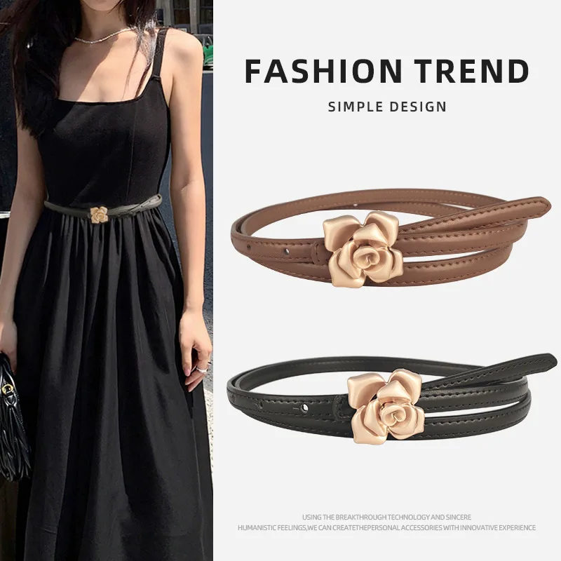 New Fashion Genuine Leather Thin Narrow Belt Art Women's Gold Flower Waist Cowhide Waist Seal Youth Luxury Designer Dress Belt