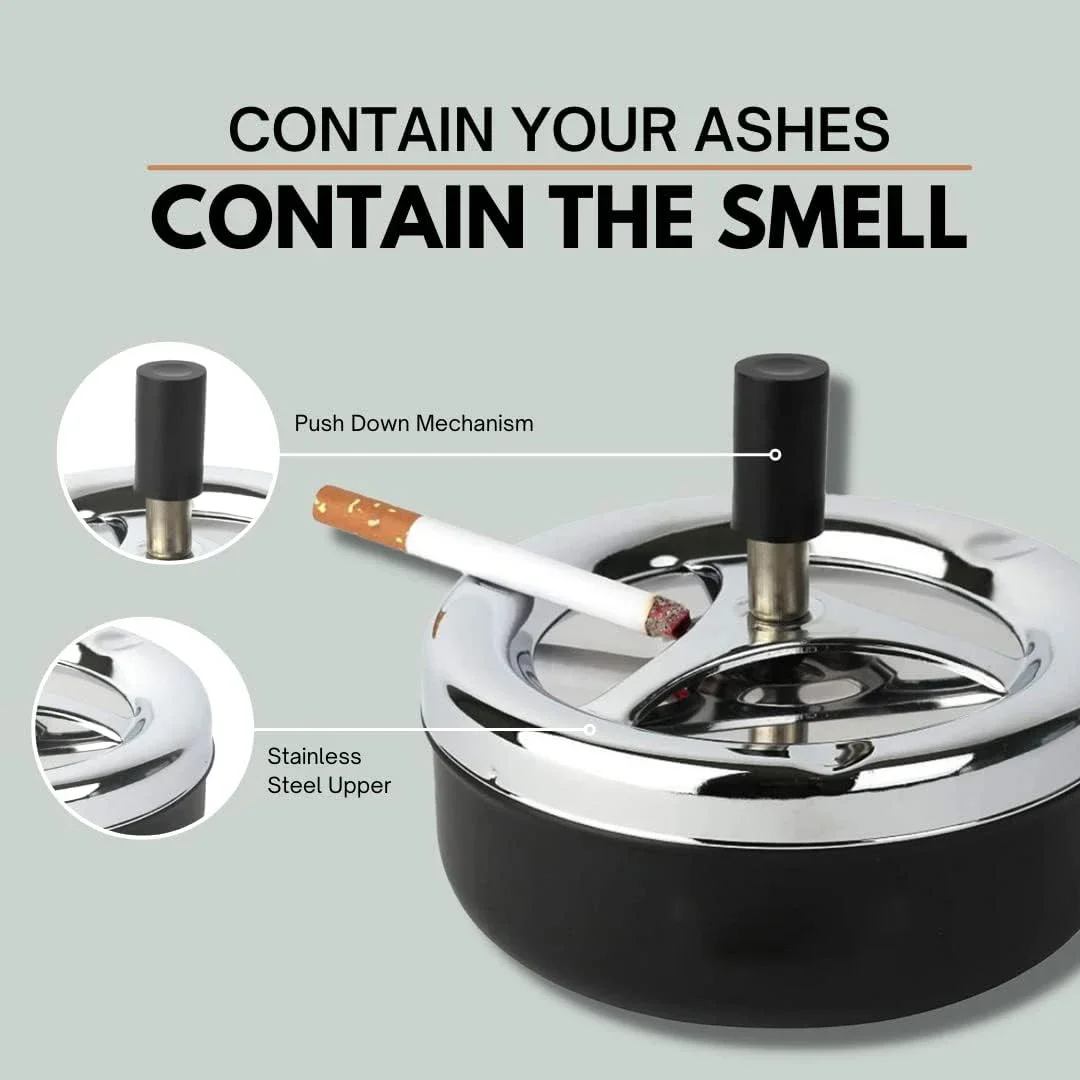 Stainless Steel Push Down Spinning Ashtray Self-Cleaning With Lid Cover Ash Tray For Cigarette Smoking stainless steel ashtray