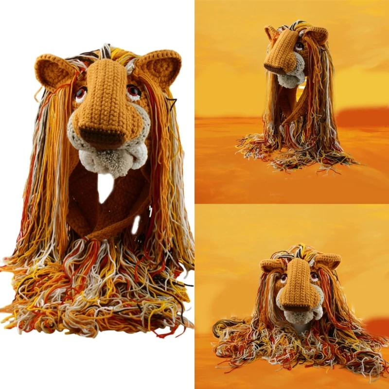 

Lion Theme Beanie Halloween Party Hat Knitted Hat Heavy Duty Thicken Lion with Mane Harajuku Photo Prop