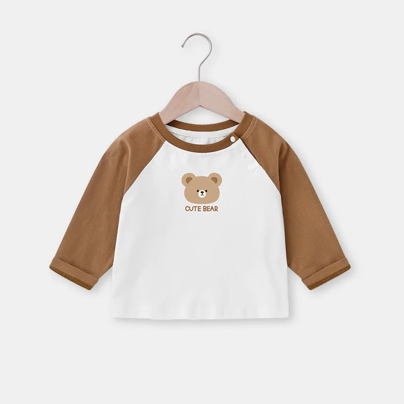 Spring Autumn Baby Boys Long Sleeves Cotton Bear Print Toddler Boy Tees Loose Raglan Spliced Sleeve Round Collar Kid Boy T-shirt