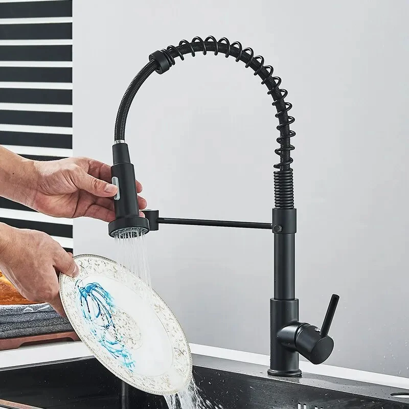 Kitchen faucets Matte Black Pull Down Kitchen Faucet Chrome Dual Modes Nozzle Hot Cold Water Mixer Crane Tap Brass Spring Kitchen Sink Faucets