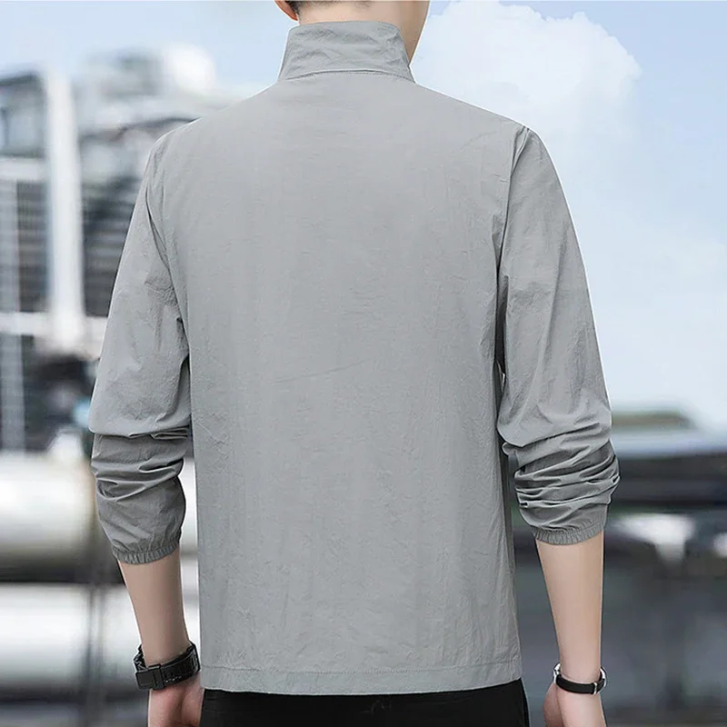Ultra-thin Breathable Ice Silk Windbreaker Summer Men Fishing Sun Protection Clothing Man Casual Stand Up Collar Cardigan Jacket