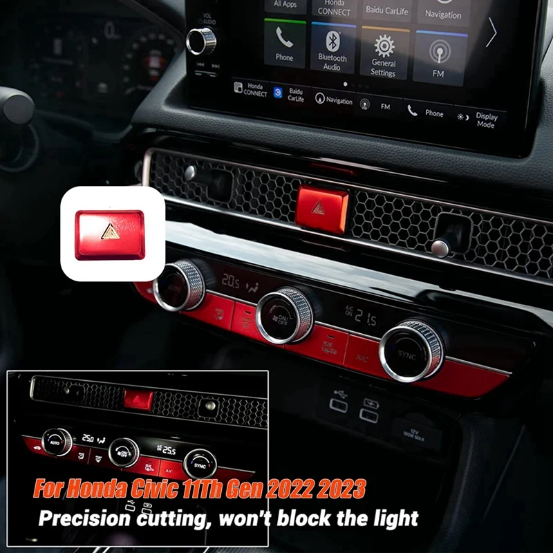 Car Warning Emergency Light Switch Button Cover Sticker Trim For Honda Civic 11Th Gen Aluminum Alloy