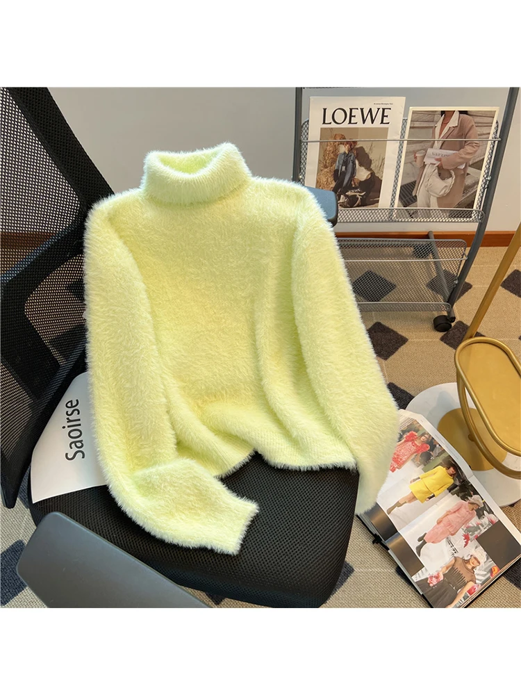 

Women Green Pullover Knitted Sweater 2000s Turtleneck Long Sleeve Sweater Harajuku Korean Jumper 90s Y2k Vintage Clothes Autumn