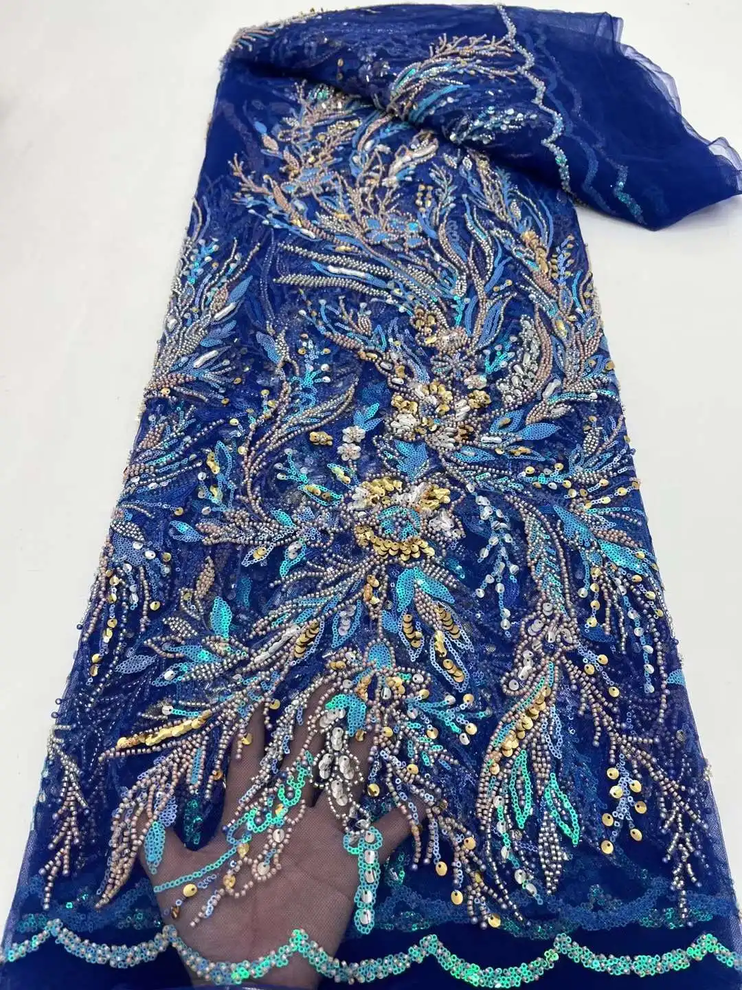 

Luxurious Heavy Lace Fabric Handmade Beads Embroidery Sequins African Lace Material For Wedding Dresses