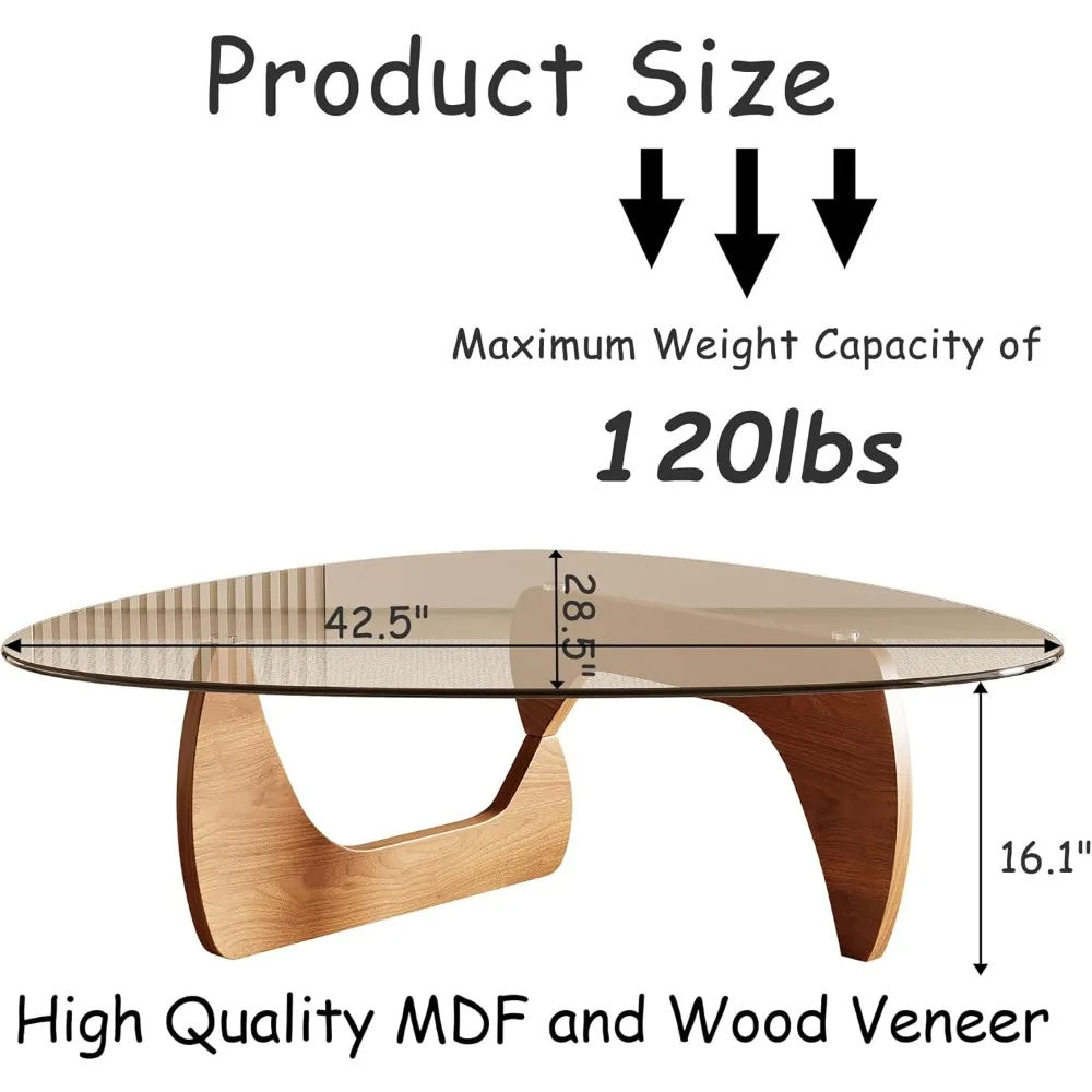 Modern Triangle Coffee Table 42.5" Tempered Glass Top Natural Wood Living Room Furniture