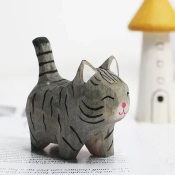 Handmade Wood Carving Kitten Ornaments Small Animal Creative Desktop Wood Cat Decoration Crafts 1