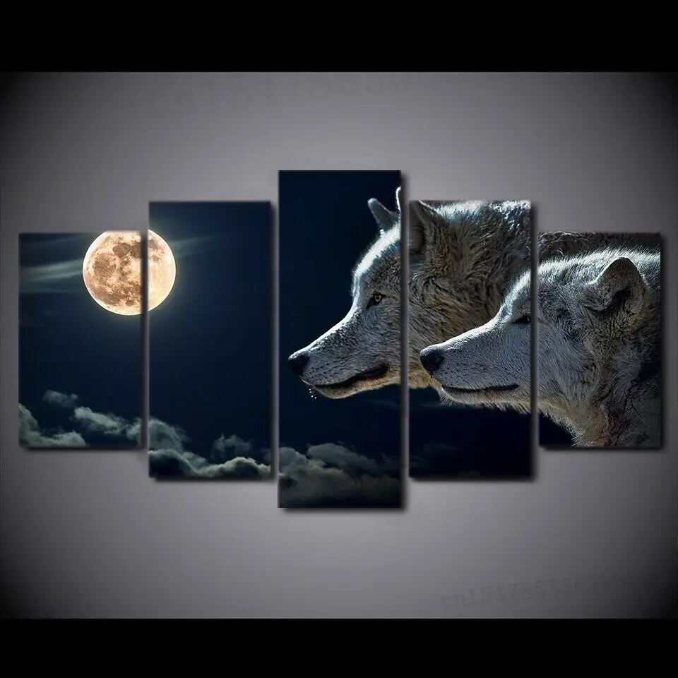 

Full Moon Wolf Animals 5 Piece Canvas Print Wall Art Poster Home Decoration 5 Panel Home Decor No Framed Room Decor