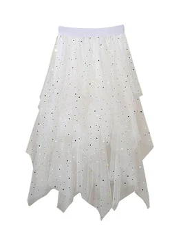 Women Tulle Skirt Elastic Waist Sequined Stars Irregular Summer Midi Skirt for Casual Daily 2