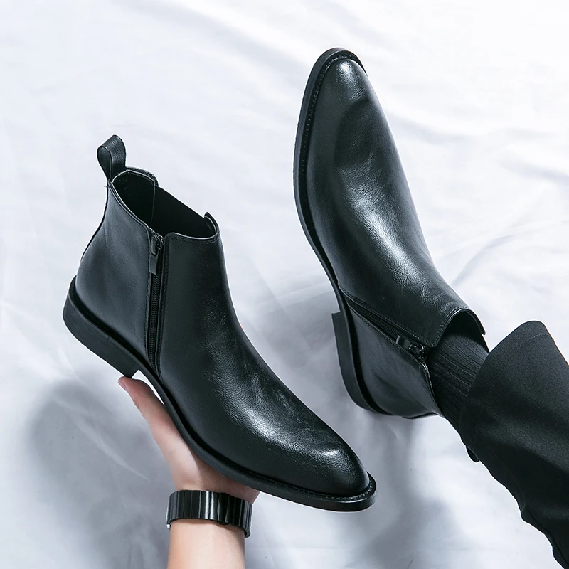 2024 Leather Spring Designer Zipper Italian Dress Office Shoes for Mens Chelsea Casual Boots Retro Pointed Ankle Boot Footwear