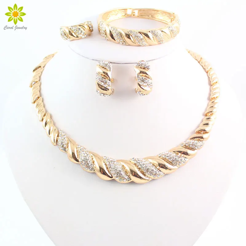 African Jewelry Sets Gold Color Trendy Necklace Earrings Bracelet Women Gold Color Jewelry Set Wedding Accessories bridal jewelry sets crystal jewelry sets