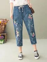 AmaxluluE 2025 Summer Women Vintage Floral Loose Denim Pants Chinese Style Casual Ripped Blue Jeans Holes Elastic Harem Trousers - Image 6
