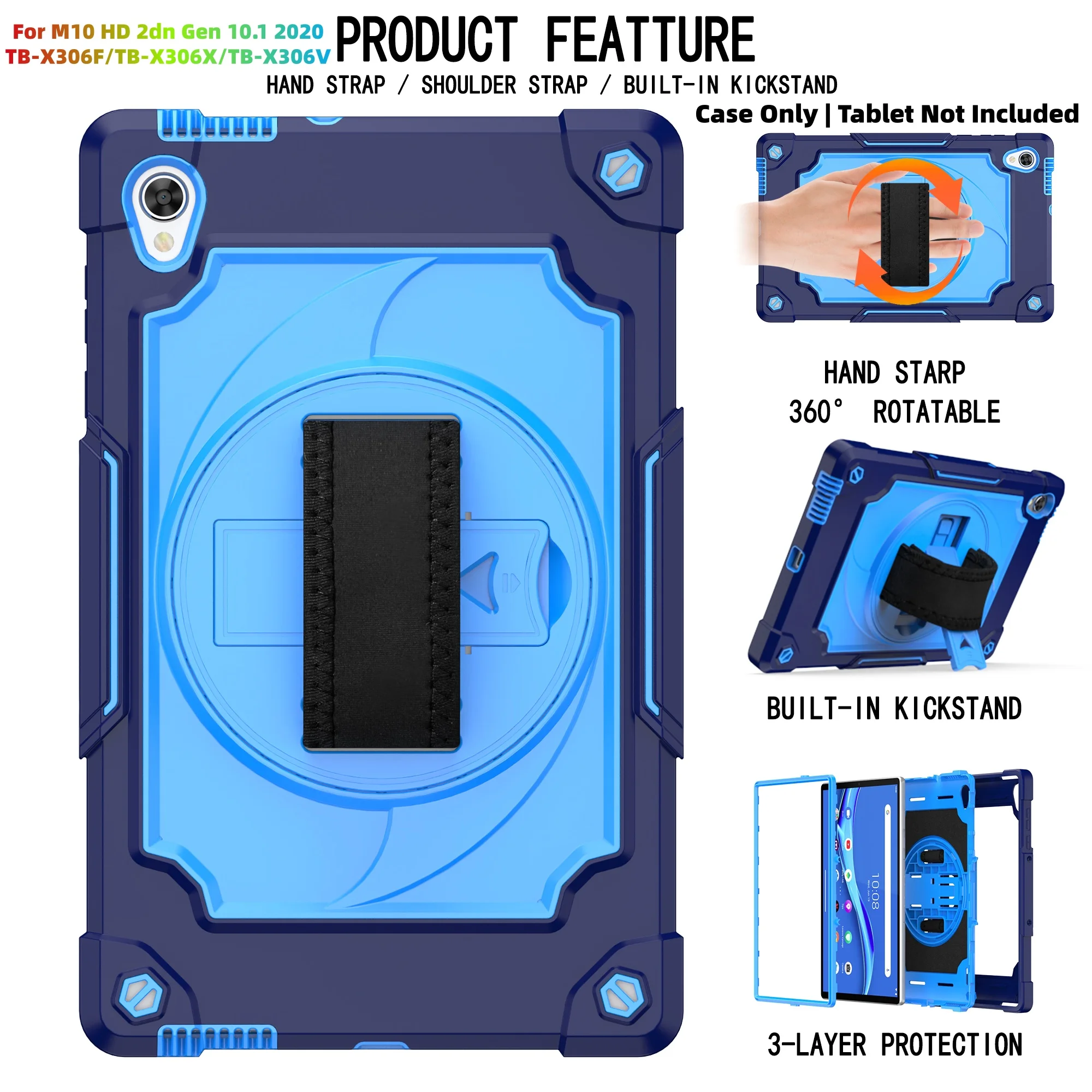 Heavy Duty Shockproof Tablet Case with 360° Rotatable Kickstand, Hand Strap, and Shoulder Strap