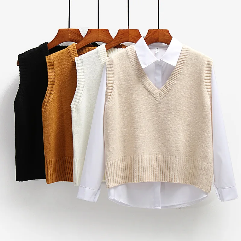 

2022 Autumn Women Short Loose Knitted Sweater Women Sweater Vest Spring Sleeveless Ladies V-Neck Pullover